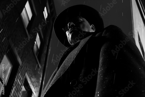 Monochrome low-angle shot of a man in a stylish fedora hat, AI-generated.