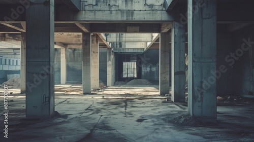 Abandoned industrial building interior with concrete columns and scattered debris.
