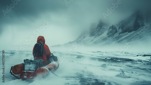 AI generated illustration of a man sledding in icy foggy conditions