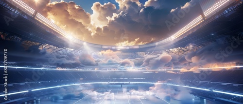 Visualize a stadium within a cloud, accessed by virtual reality, styled in a Futurist manner with areas designed for text