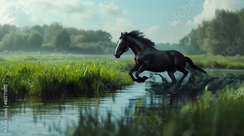  Beautiful dark horse racing through a lush countryside, framed by emerald fields and a serene blue canal. 