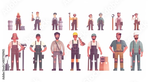 Construction and renovation employees plumber, painter, carpenter and furniture maker characters in uniform with tools, Line art flat modern illustration set.