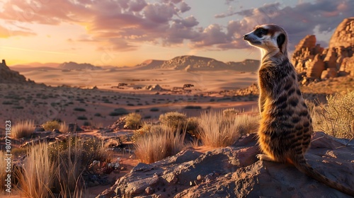 Curious meerkats standing alert amidst a vast desert landscape at sunset. 