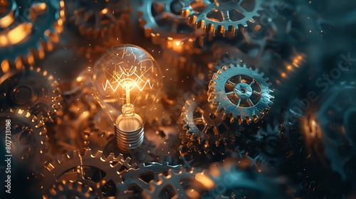 the concept of innovation with a light bulb surrounded by gears and cogs
