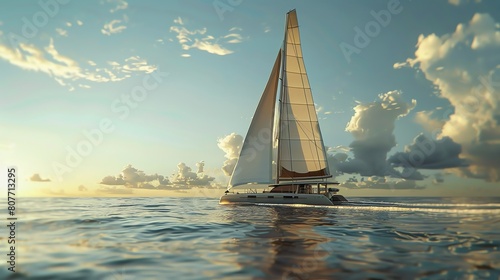 Imagine a scene of a catamaran sailing smoothly along the horizon under billowing sails