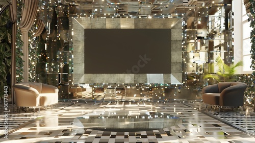 A TV lounge with a screen surrounded by a mosaic of reflective tiles for a glamorous effect