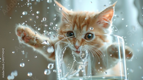 Capture the playful expression of a cat batting at water droplets inside a glass cup