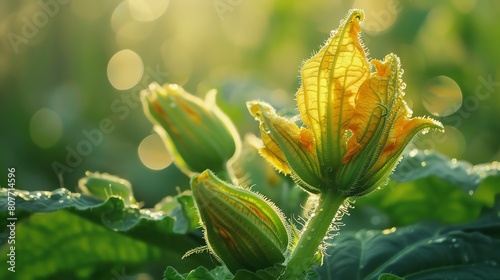 the intricate patterns of zucchini blossoms opening in the sunlight