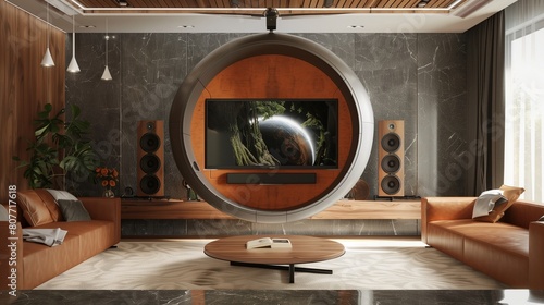 A TV lounge with a suspended circular TV pod with surround sound speakers