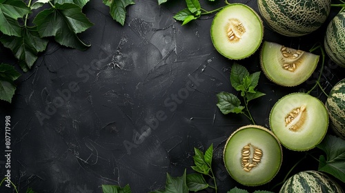 Artistic top view of whole and sliced green melons with fresh leaves on a dark textured background.