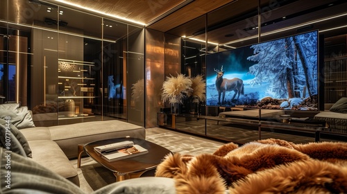 A TV lounge with a TV screen that seamlessly blends into a mirrored wall when turned off, with a cozy faux fur throw