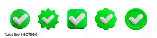 Vector 3d Green Check mark realistic icons set. Trendy plastic round, square, starburst and wavy verified badge with checkmark, approved icon isolated. Green official tick button. 3d render yes sign.