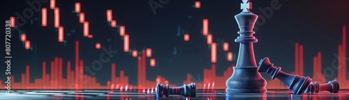 Futuristic 3D illustration of stock market allusion with winlose king chess pieces Standing blue king over fallen red king on candlestick chart screen analysis with room for text f