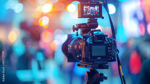 Professional digital camera with external monitor filming an event with colorful bokeh lights in background.