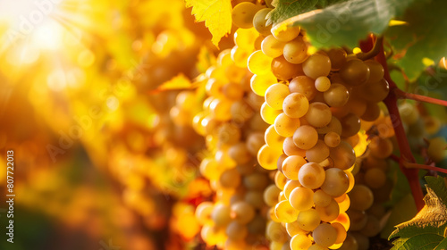 Close-up view of ripe white grapes on the vine under bright sunlight in a vineyard.