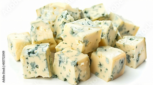 Blue cheese cubes isolated on white background