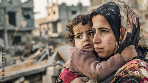 A Palestinian mother cried with her young child in her arms, her face sad and helpless, behind the ruins of the city under the war