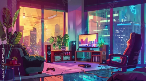An interior illustration of a tidy apartment with a computer desk, television on the wall, joysticks on the floor, armchairs, and a city view from the window. Modern cartoon illustration.