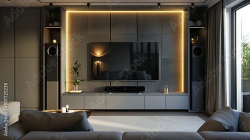 A TV lounge with a wall-to-wall entertainment unit featuring a flush TV and hidden speakers