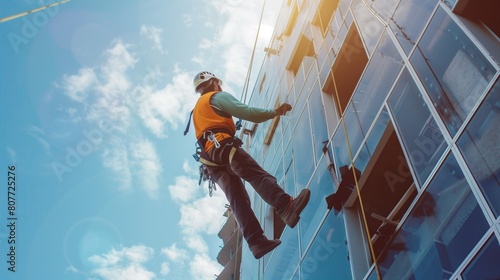 Industrial climber dressed in safety gear rappelling down a reflecting glass building under a blue sky.