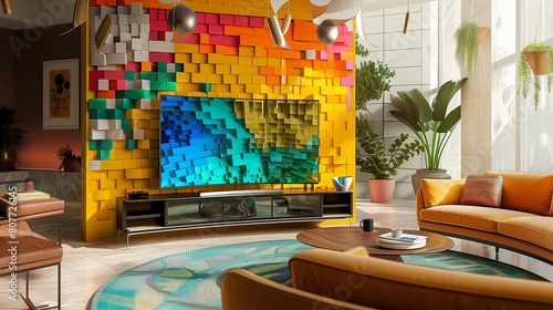 A vibrant TV lounge with a modular art installation above a curved smart TV