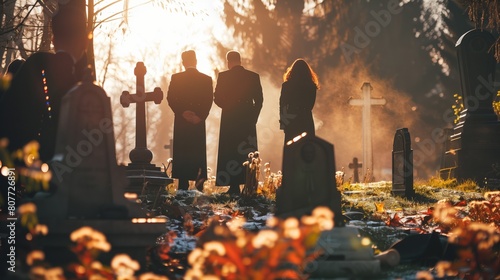 A solemn group gathers at a cemetery during a sunlit funeral, surrounded by autumn leaves and tombstones.