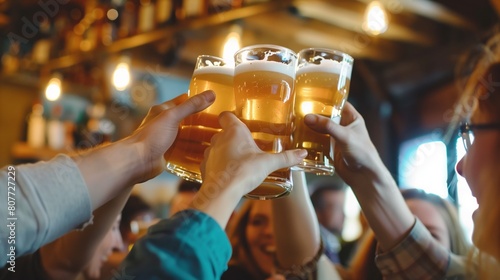 Group of friends toasting with beer glasses in a cozy bar atmosphere.