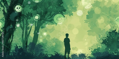 A man is standing in a forest with a green background. The trees are filled with bubbles, and the man is looking up at them. The scene has a whimsical and dreamy feel to it