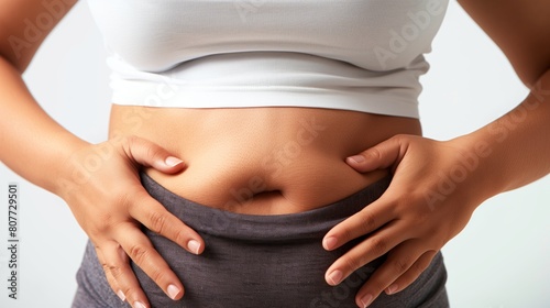 Close-up of a woman's abdomen showing excess belly fat as she pinches her waistline.
