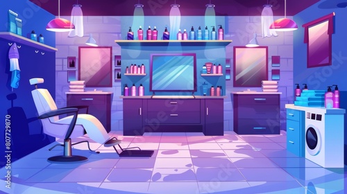 Illustration of a beauty salon interior with mirrors, a hairdresser's chair, hair dye boxes and towels on shelves, a dryer on a drawer, shampoo bottles on shelves.