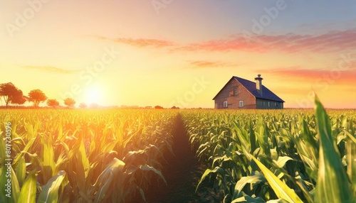 Corn field and farm house in the countryside at sunset.