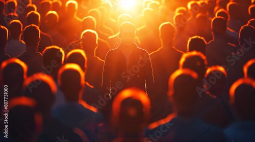Silhouetted crowd focused on a lone man standing illuminated by a bright light in a dramatic setting.