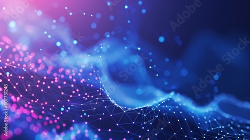 Vibrant abstract image of a digital network with glowing connections on a blue-purple background.