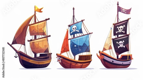 Modern illustration of old wooden sailboats with color sails, pirate boats with skulls and cutlasses, and adventure game ships on a white background.