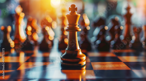 A close-up of a king chess piece on a board with other pieces blurred in the background.
