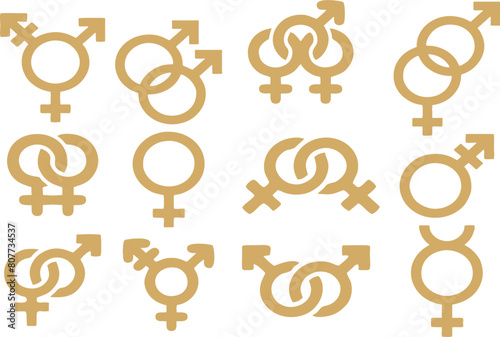 Gender symbols set. Sexual orientation icons. Male, female, transgender, gay, lesbian, bisexual, bigender, transgender, queer and agender. Editable vector for reuse in poster and banners. eps 10