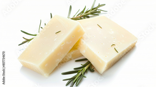 Cheese slices with rosemary isolated on white