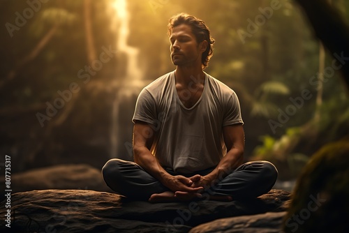 Handsome young man meditating in the forest at sunset.