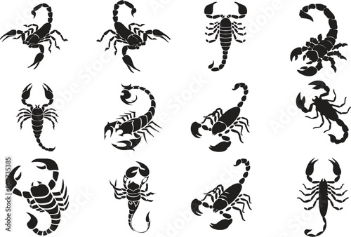 Scorpion in editable vector format. Set of Scorpion Silhouette for tattoo and designing poster or banner. Symbol of protection, transformation, independence, solitude and intelligence. eps 10.