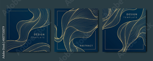 Vector set japanese style wave patterns, sea, organic line textures, line graphic illustrations, Square cards, flow backgrounds, golden on dark.