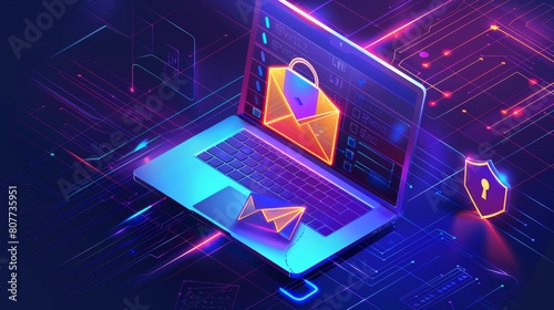 This isometric concept modern illustrates email encryption, data security, a laptop, an envelope, a flying airplane, neon connection lines, and a shield lock icon symbolizing communication