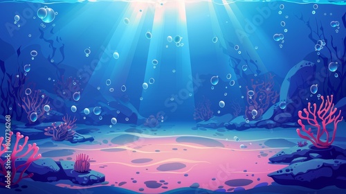 Underwater background with sand, seaweed, and air bubbles at sunlight falling from above. Cartoon illustration of a marine scene, undersea life.