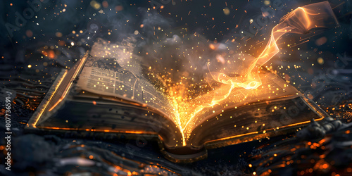 Photo holy bible with rays of light coming out, A magical open book with fire coming out of it