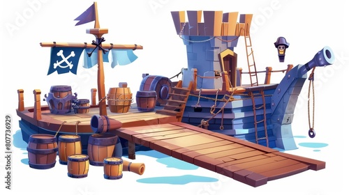 Wooden pirate ship deck, cannons, wood boxes, barrels, hold entrance, mast with ropes, lantern, and skull buccaneer flag isolated on white background cartoon modern illustration.
