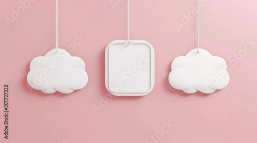 This realistic 3D modern mockup set includes wiggler speech bubbles, blank price pop up tags, and white paper promotion clouds stickers.