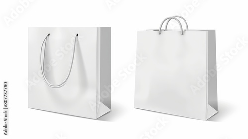 Mockup of white paper shopping bags in front and from different angles. Modern realistic mockup of blank packet with handles isolated on white background. Template for using corporate design on