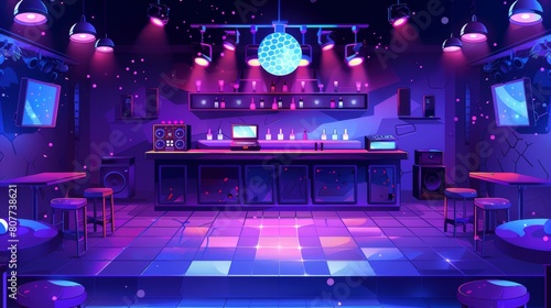 Modern cartoon interior of night club with neon lamps, disco ball, tables, dj console and dance floor.