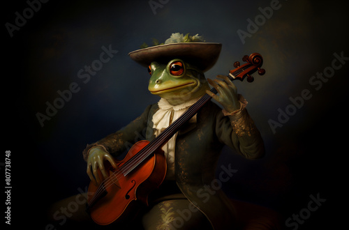 3D ironic animal portrait, Toad, Frog, Medieval, Renaissance, Poster, Wallpaper. FROGGY THE MINSTREL. This toad learned the noble art of making the sound come out of the violin strings using paws