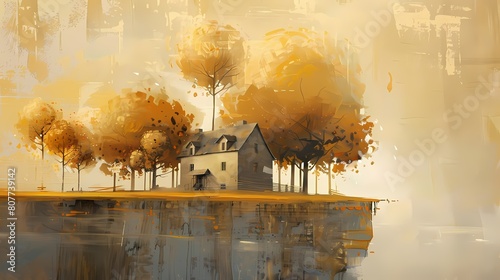 house trees scene and lake reflection poster background