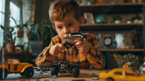 Selective focus of little boy holding magnifying glass and looking at toy car